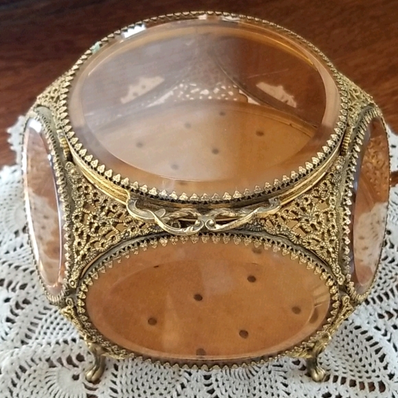 Vintage French Brass Filigree Amber Beveled Glass Ormulu Jewelry Box Casket - Picture 16 of 16